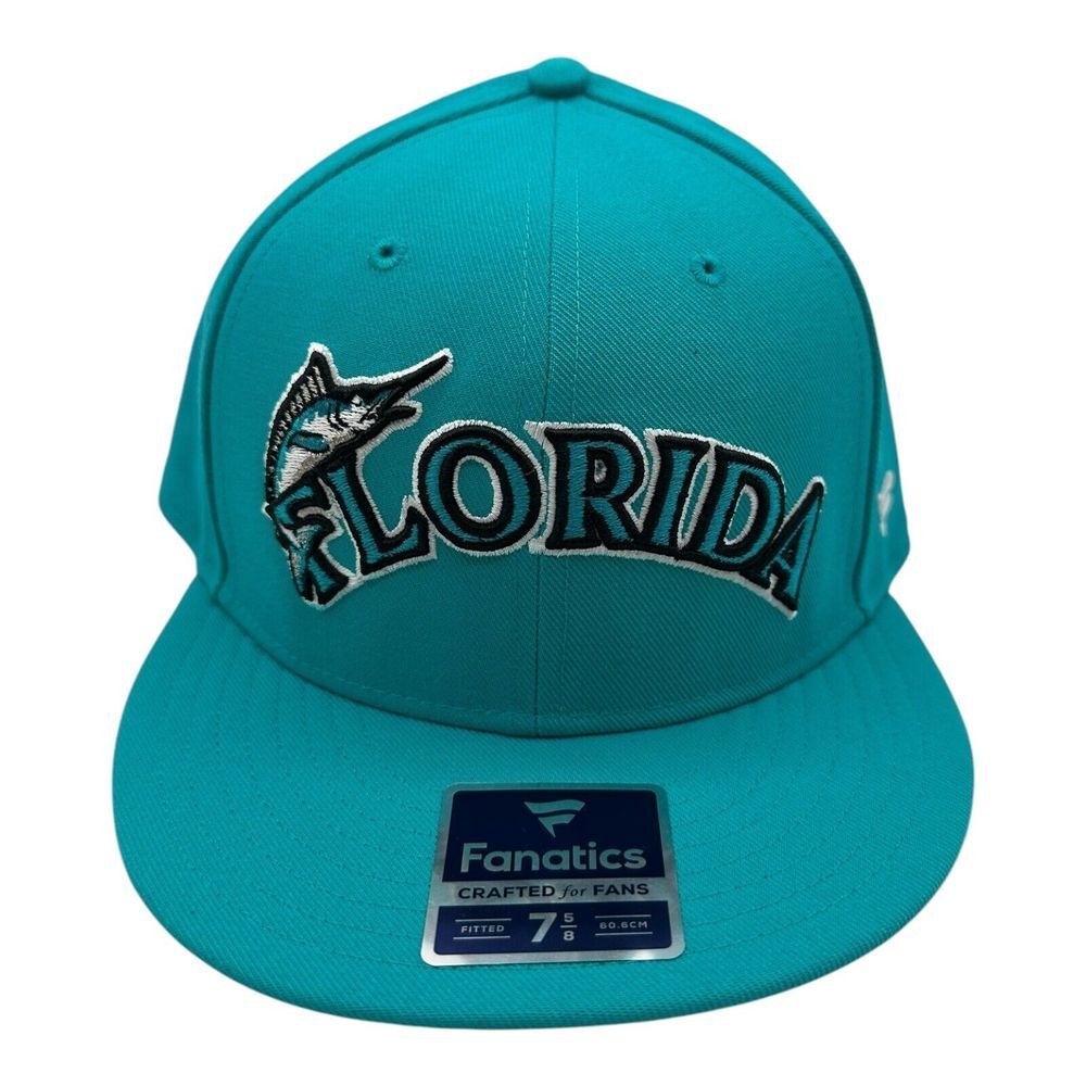 Fanatics Florida Miami Marlins Fitted Hat Cap 7‎ 5/8 Teal Cooperstown Collection